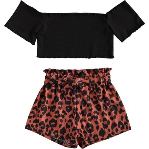 Girl’s Short Sleeve and Shorts Set Fashion Solid Color Square Neck T-shirt and Leopard Short Pants