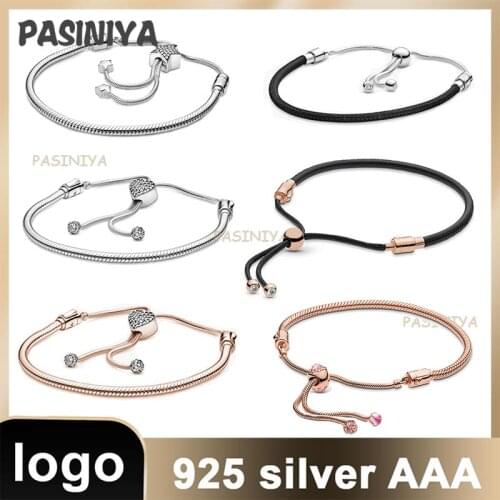 11 925 Sterling Silver Leather Bracelet with Logo Classic Silver Rose Gold Star Love Flower Pendant with Diamond Exquisite Gift