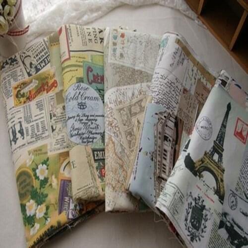Vintage 5pcs 135x50cm Retro Linen Cotton Fabric - Global Travel Newspaper Effiel Tower Design - Zakka DIY fabric