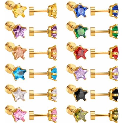 LUXUKISSKIDS Newest 12Pairs/lot Gold Five-pointed Star Earring Mixed Crystal Screw Back Earrings