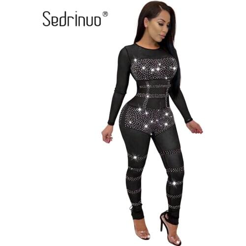 Sedrinuo New Arrival Women One Piece Sequin Long Sleeve O-Ncek Jumpsuits Bodycon Rhinestone Jumpsuit Sexy Club Party Bodysuits