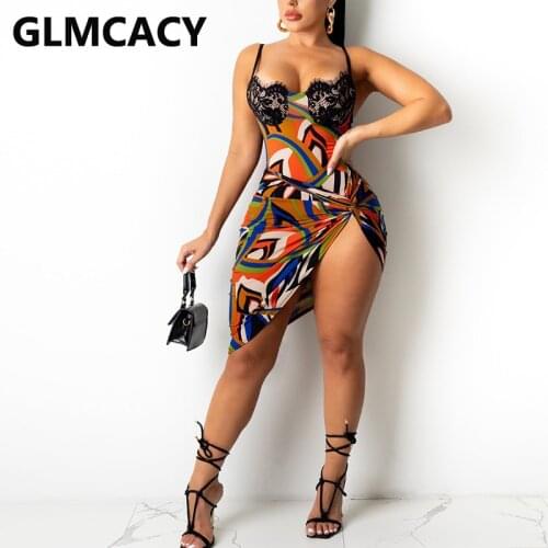 Spaghetti Strap Lace Insert Bodycon Mini Dress Sexy Twist Slit Party Club Dress