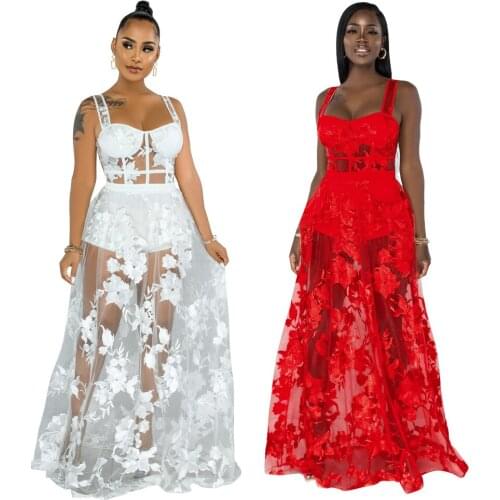 Charming Women Sexy Mesh Two Piece Sets 2021 Summer Spaghetti Strap Sleeveless Bodysuits High Waist Floor-Length Skirts Outfits