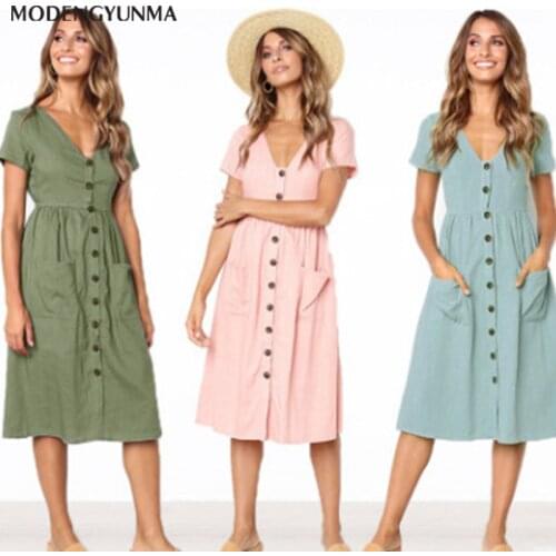 Solid color Loose Casual Mini Dress V-Neck Short Sleeve Ruffle Buttons Women New Summer Dresses Cotton Dress Female Vestidos