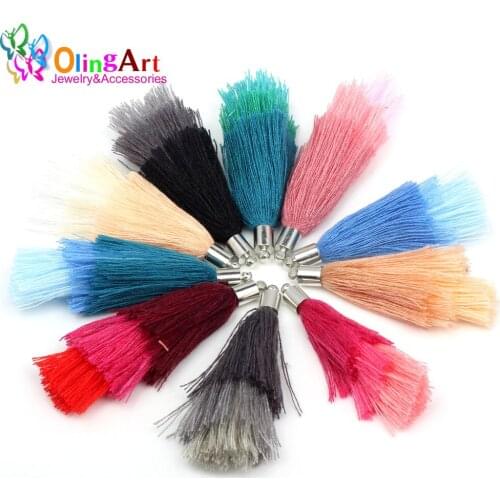 OlingArt 60mm 6Pcs/lot Silver hat Gradient Cotton Tassel Charm Necklace Earring DIY Jewelry Making Straps Keychain Pendants