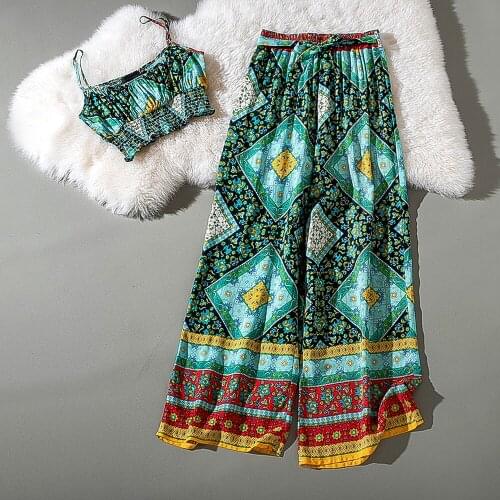 Cthink New Summer 2020 Holiday Print 2 Piece Set Women Casual Wide Leg Pant And Crop Tops Elegant Flower Print Womens Sets