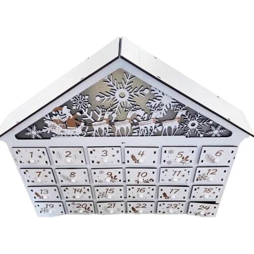 X6HD Christmas Wooden House Advent Calendar LED Lighted Snowflake Reindeer Scene Countdown Ornament with Large Drawer Box Xmas