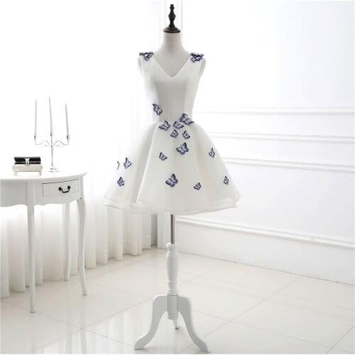 In Stock Ball Gown Short Dress White Party Dress for Girl V-neck Sleeveless with Butterfly Flower Bandage Party Gowns Vestidos
