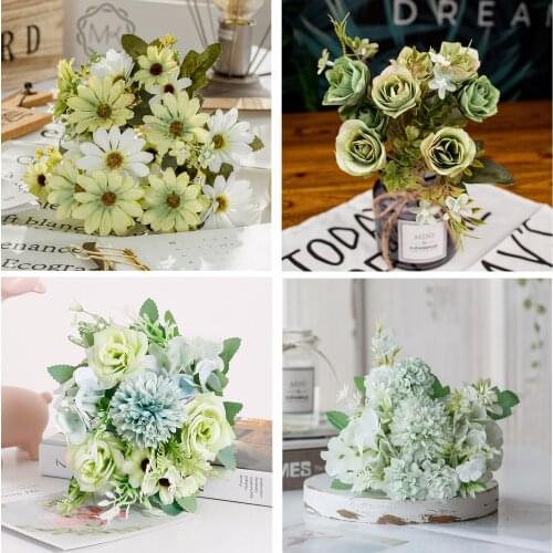 Green Artificial Flowers Peony Tea Rose Autumn Silk Fake Flowers for DIY Living Room Home Garden Wedding Decoration