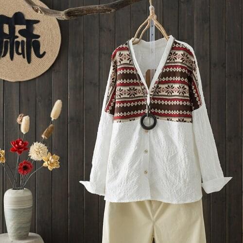 Spring National Printed Cotton Linen Shirt Long Sleeved V Neck Button Tops Casual Art Geometrical Pattern Women Blouses Clothes