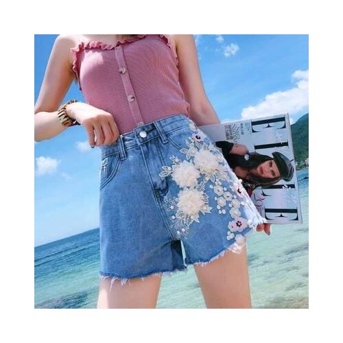 Womens Korean Fashion Summer Flower embroidery Shorts Female High Waist Wide Leg Jeans Plus Size Short Pants TB3999
