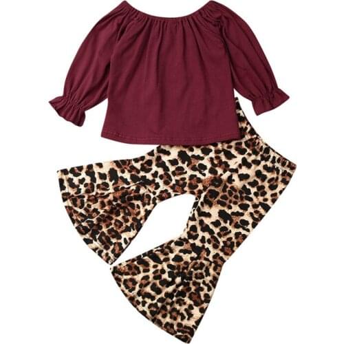 1-6Y Children Clothing Set Newborn Kids Baby Girls Long Sleeve Outfits Clothes Solid T shirt+Leopard Flared Pants Costume Set