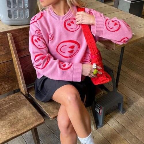 Dourbesty Women Girl Y2k Sweater Long Sleeve Graphic Check Knit Sweater Vintage Print Pullover Blouse 90s Street Wear Pullovers