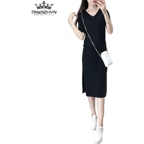 Tnlnzhyn 2019 Spring Summer Women Knitted Suit Solid black 2 pieces Set Suit Dress Casual Pockets ladies Skirts Sets Y270