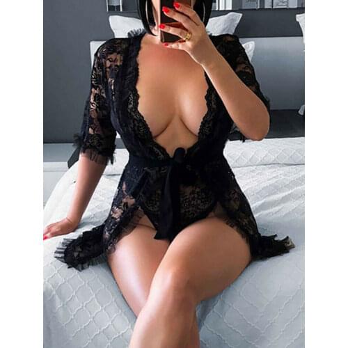 Women Sexy Lingerie Black Lace Dress Robe Sleepwear Ladies Female See Through Floral Babydolls Nightgown Underwear