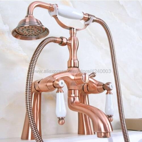 Antique Red Copper Deck Mounted Double Handle Bathroom Bathtub Faucet with Handheld Spray Shower Hot and Cold Water Kna166