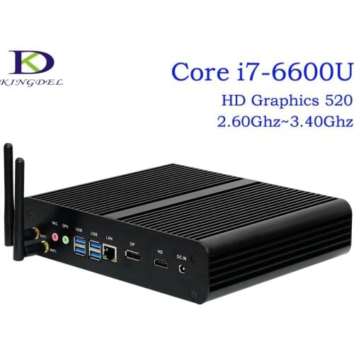 Barebone Mini PC Intel 6th Gen. i7-6600U Dual Core CPU,Fanless Desktop Computer,Intel HD Graphics 520,1*DP+1*HDMI,Windows 10 Pro
