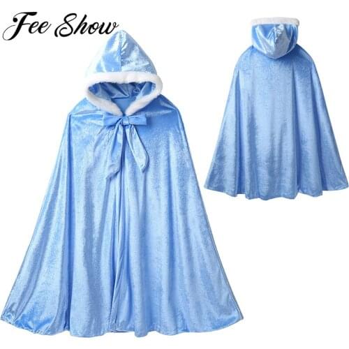 Kids Girls Princess Soft Pleuche Faux Fur Trimmed Hooded Long Cape Cloak Coats for Halloween Cosplay Party Costume Dress Up