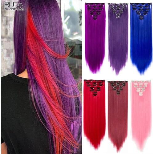 22 Inch 16 Clips Long Straight Synthetic Hair Extensions Clips in High Temperature Fiber Black Brown Ombre Hairpiece BUDABUDA