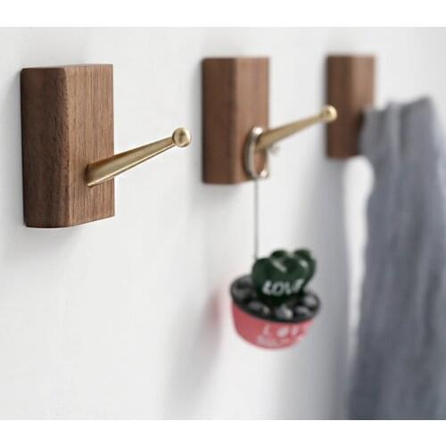 Exquisite Square Wooden Brass Hook Clothes Creative Hook Hole-Free Wall Coat Wall Door Key Wooden Hanger Sticky Hook