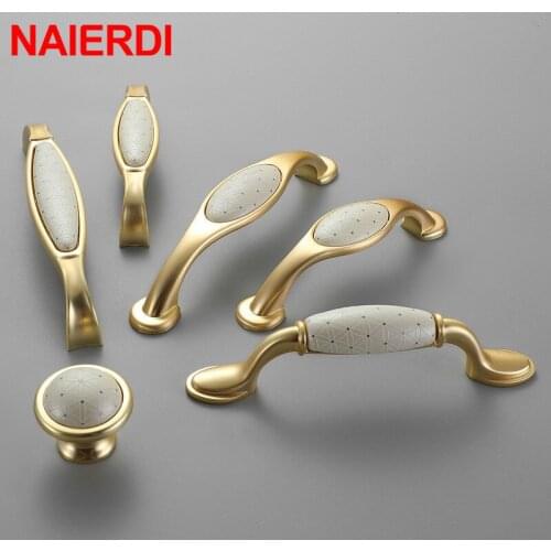 NAIERDI Creamic Gold and White Cabinet Handles Knobs Zinc Alloy Drawer Pulls Kitchen Door Handles Furniture Handle Door Hardware