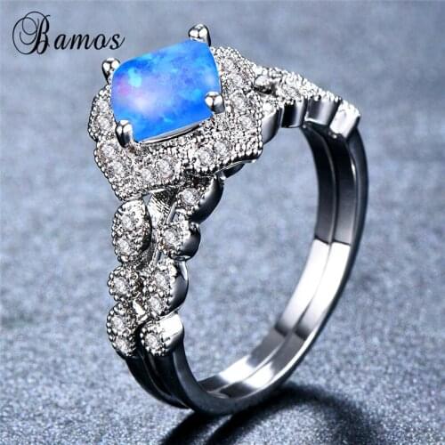 Bamos Cute Female Ring Set Fashion White/Blue Fire Opal Stone Ring Silver Color Wedding Engagement Rings For Women