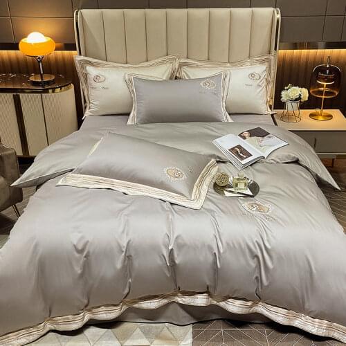 High-end Embroidery Egyptian Cotton Solid Color Bedding Set Luxury Hotel Quilt Cover Flat Fitted Sheet Bedspread Pillowcases