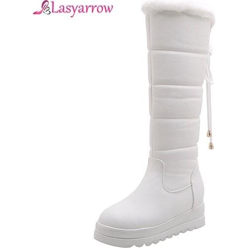 Lasyarrow winter boots women warm knee high boots round toe height increasing ladies fashion non-slip snow boot waterproof boots