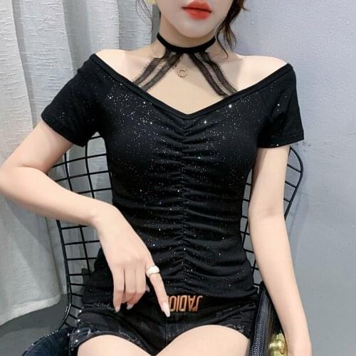 Summer Casual Solid color T-shirt Fashion Lace stitching Short sleeve V-neck Folds Top Women T Shirt Plus Size M-3XL