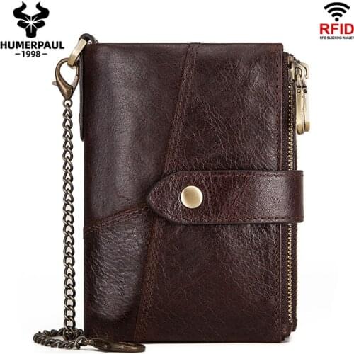 RFID Theft Protection Mens Wallet Double Zipper Hasp Crazy Horse Genuine Leather Wallets Leisure Male Coin Purse Money Clip New