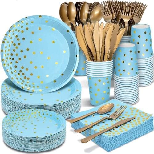 Bronzing polka dot blue tableware set paper cup paper plate for Disposable tableware birthday party supplies decoration