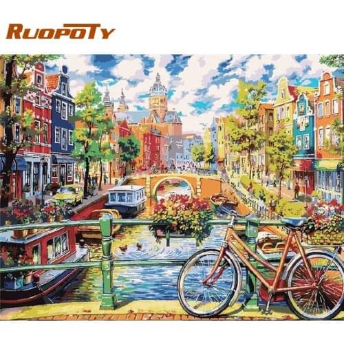 RUOPOTY Bike On Bridge Scenery Painting By Number Kits For Adults Children Hand Painted DIY Gift Living Room Wall Decoration Art