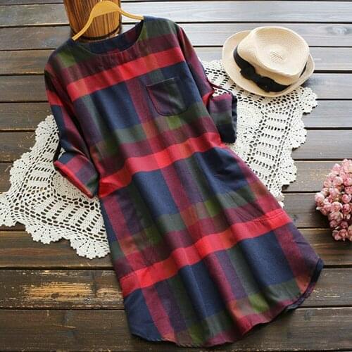 S-5XL Plus size casual plaid dress Women Lady Plaid Long Sleeve Loose Pocket Swing Vintage Dress женское платье spring Autumn F4