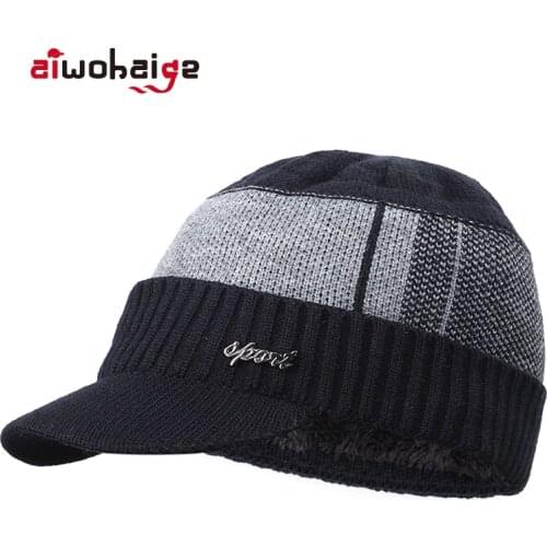 2020 High Quality Winter Mens Warm Knit Beanie Thick Lining Plus Velvet Casual Visor Hat Male Cotton Soft Cap Skullies Bonnet