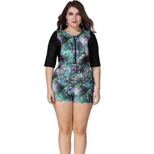 Large Size One Piece Suits Plus Size Swimwear Women Half Sleeves Swimsuit Zipper Front Swimwear Female XL XXL 3XL 4XL 5XL