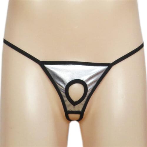 Mens panties sexy underwear men underpants gay micro Thongs tanga color Patent leather Edging String Hollow out Circle No trace