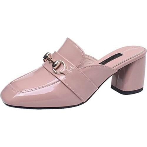 New Spring Summer Women PU Leather Buckle Pointed Toe Flat Shoe Woman Slippers Slip On Med Heels Loafers Mules Flip Flops