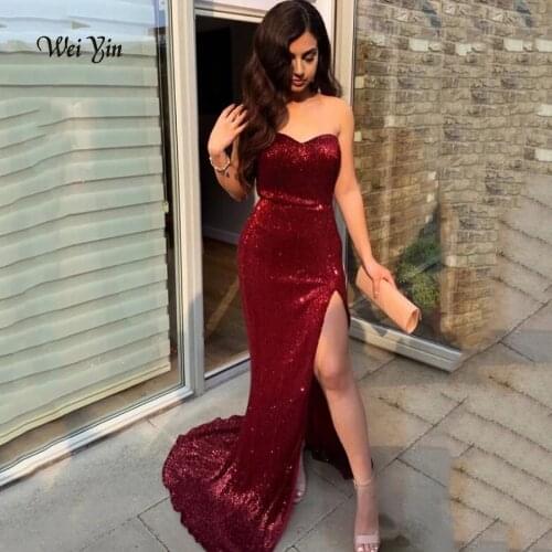 Weiyin AE0559 Burgundy Mermaid Sleeveless Sexy Evening Dress Design 2021 Dubai Sparkle Sequined Luxury Formal Party Wear Gown