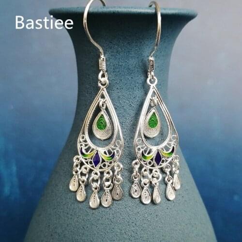 Bastiee 999 Pure Silver Peacock Feather Drop Earrings For Women Cloisonne Enamel Luxury Jewelry Hmong Handmade Ethnic Earings