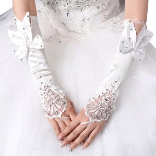 Women Bridal Long Gloves Fingerless Floral Lace Patchwork Mittens Glitter Rhinestone Big Bowknot Length Hook Finger Warmer