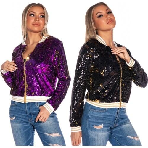 FNOCE 2020 winter new womens coats sexy nightclub fashion trends casual sequined long sleeve o-neck zipper short coats jackets