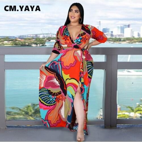 CM.YAYA Women Plus Size Dress Print Half Sleeve V-neck Split Loose Maxi Bohemian Dresses Bandage Sashes Sexy Streetwear Summer