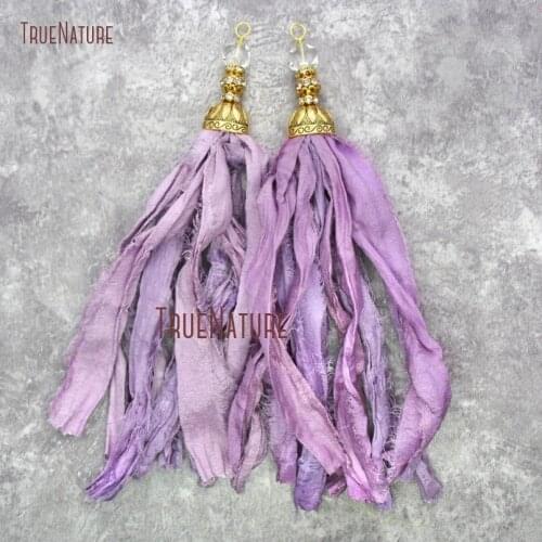 10pcs Light Purple Gold Cap Sari Silk Pendants With Crystal and Gold Rhinestone Ball Lavander Yarn Ribbon Tassel Pendant PM20062