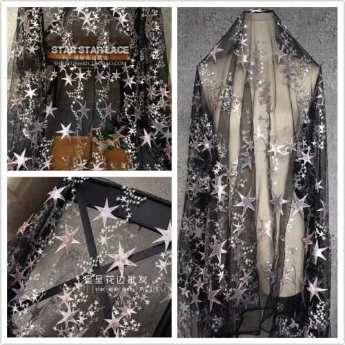 150cm Stars Black Embroidery Mesh Lace Fabric For Evening Dress Womens Skirt Bridal Tulle Dress Decoration Fabric