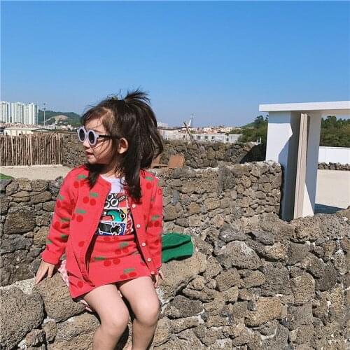 2020 New Spring Autumn Kids Sets Girls Red Cherry Sweaters Sets Girls Cardigan Short Skirt 2-piece Sets Childrens Clothes