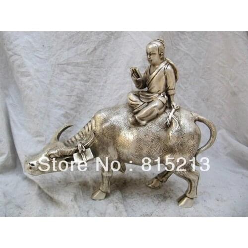 Bi00390 12 Chinese classical pure bronze silver plating a reading book boy on ox statue
