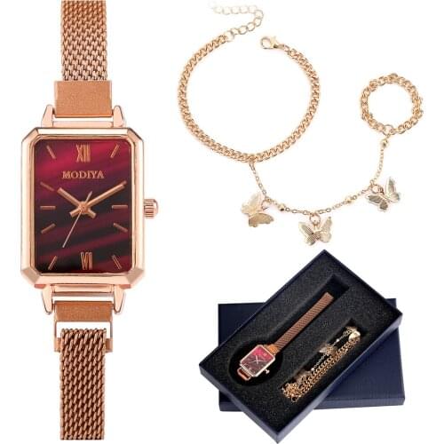 Fashion Women Watch Bracelet Gift Set With Box Lady Square Quartz Watch Mesh Strap Magnetic Buckle Butterfly Chains with Rings