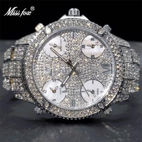 Relojes Lujosos Marca Hombre MISSFOX CZ Iced Out Four Time Zone Large Dial Watch For Golden Men Waterproof Timepieces Wholesale
