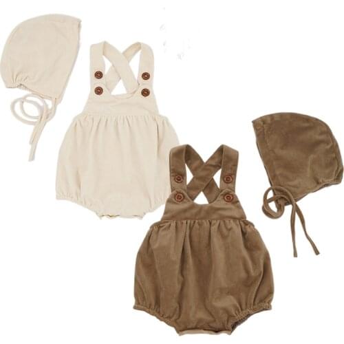 Baby Clothes Corduroy Romper With Hat Infant Boys Girls Korean Version Sling BodySuit Autumn Winter Warm Toddler Jumpsuits