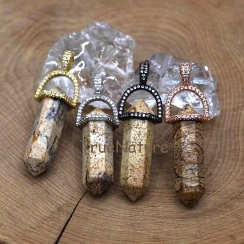 Double Terminated Picture Jaspers Point Gold Electroplated Cap Single Bail Pendant Jewelry Making Necklace In 45*10 mm PM7418